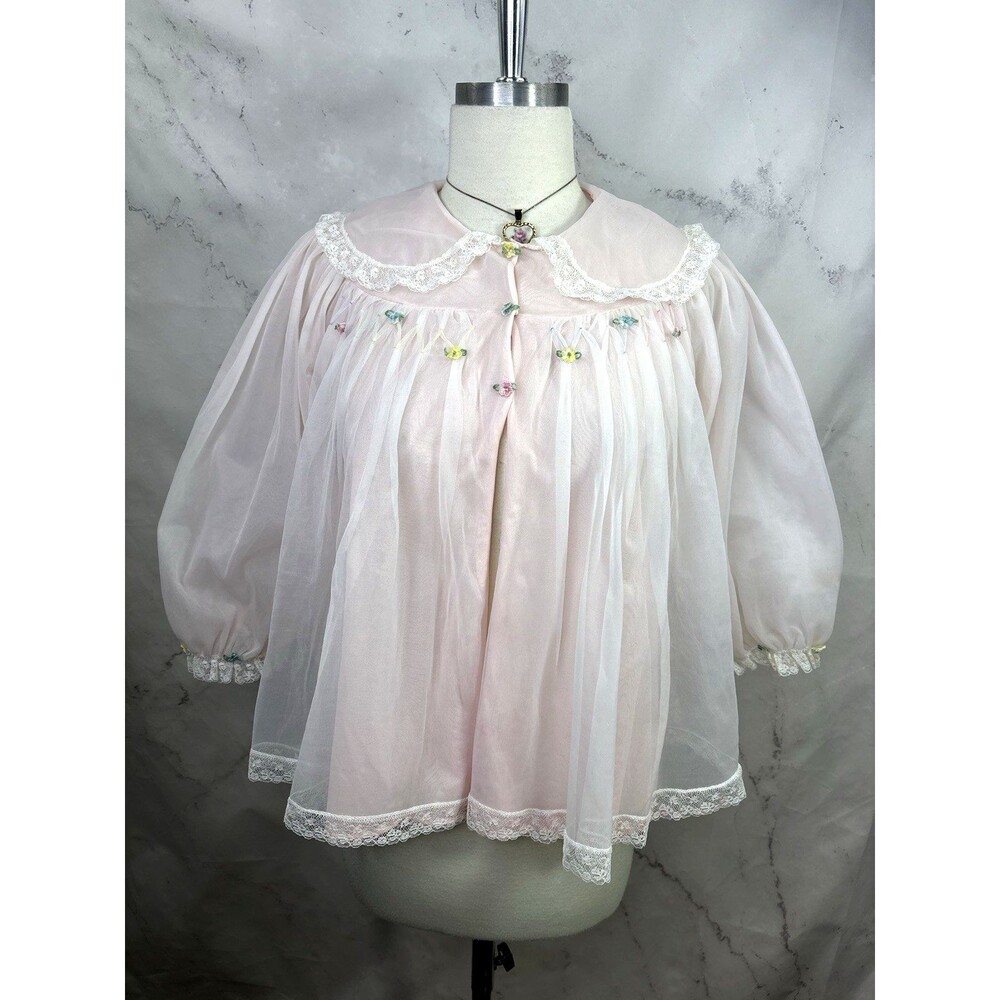 Vintage 60s Dainty Chiffon Bed Jacket Flower Pink pastel Cottage Soft Girl MCM M - Picture 2 of 16